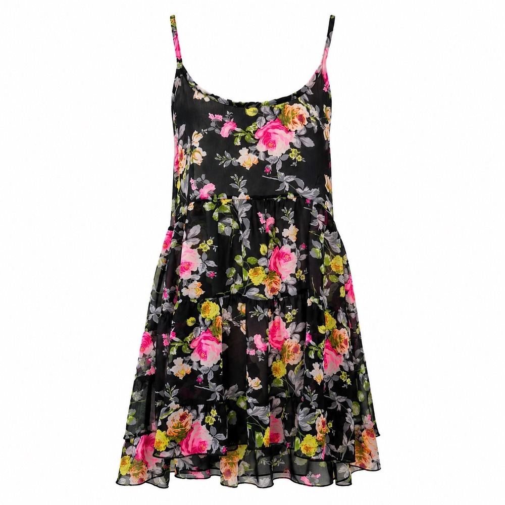 Poetry Black Pink Floral Chiffon Tiered Mini Dress Y2K Whimsigoth Fairy Grunge S - Picture 7 of 14